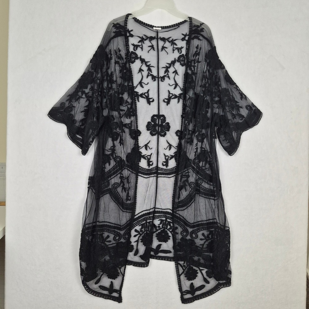Womens Black Sheer Mesh Floral Embroidered Kimono Cardigan Wrap Whimsigoth Fairy